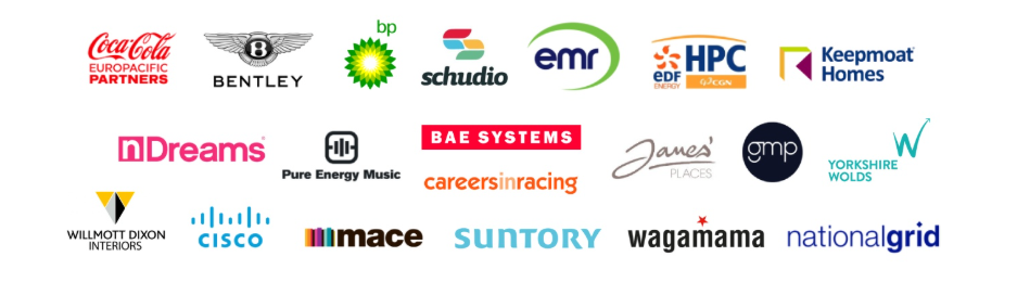 Client and project organisation logos: Coca-Cola Europacific Partners, Bentley, bp, Schudio, EMR, Hinkley Point C, Keepmoat Homes, nDreams, Pure Energy Music, BAE Systems, Careers in Racing, James’ Places, GMP, Yorkshire Wolds, Willmott Dixon Interiors, Cisco, Mace, Suntory, Wagamama and National Grid
